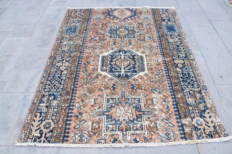 Turkish Vintage Rug, 4.7x6 ft Oushak Rug, Blue Area Polka dot Rug - 1
