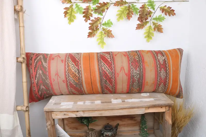 Handmade Kilim Cushion, Cushion Case, Retro Pillow Sham, 16x48 Orange Pillow Cover, Kilim Pillow Cover, Bolster Throw Pillow Cover, Antique Pillows - 1