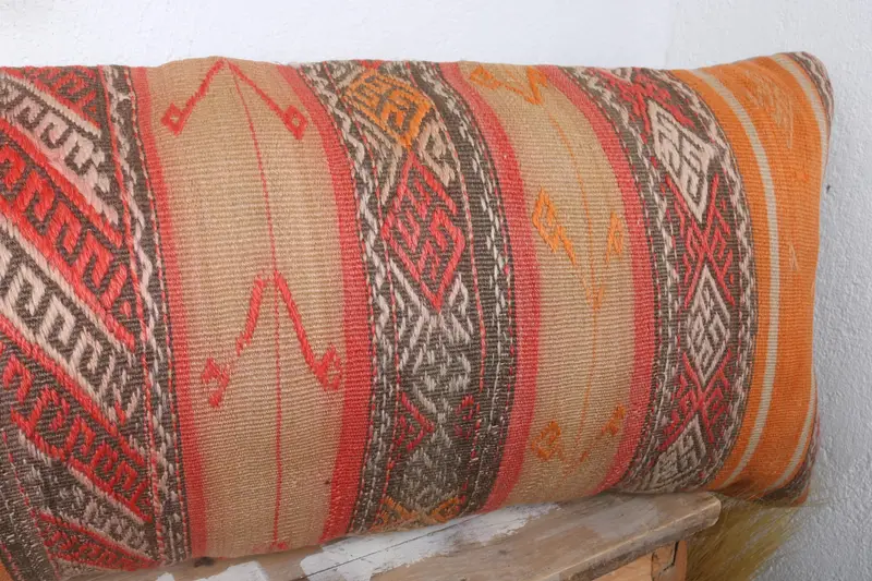 Handmade Kilim Cushion, Cushion Case, Retro Pillow Sham, 16x48 Orange Pillow Cover, Kilim Pillow Cover, Bolster Throw Pillow Cover, Antique Pillows - 4
