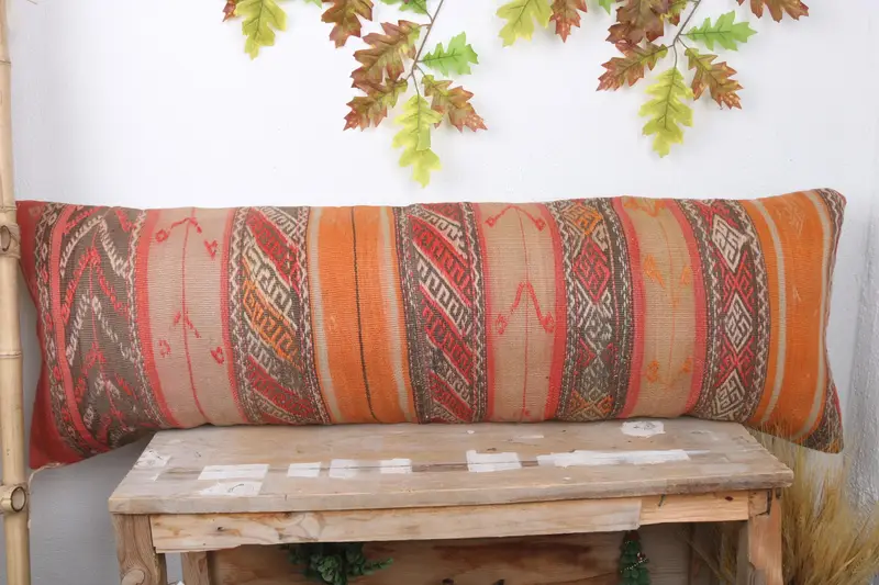Handmade Kilim Cushion, Cushion Case, Retro Pillow Sham, 16x48 Orange Pillow Cover, Kilim Pillow Cover, Bolster Throw Pillow Cover, Antique Pillows - 2