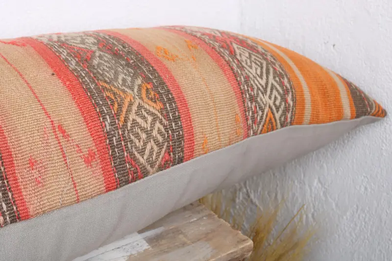 Handmade Kilim Cushion, Cushion Case, Retro Pillow Sham, 16x48 Orange Pillow Cover, Kilim Pillow Cover, Bolster Throw Pillow Cover, Antique Pillows - 5