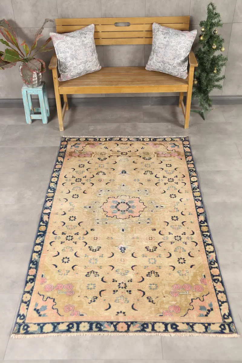 Turkish Vintage Oushak Rug 3.9x6.6 ft (119x202 cm), Blue Solid Wool Rug - 1