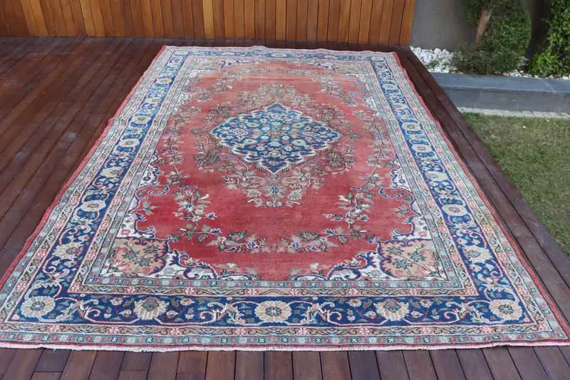 Vintage 6.6x10 ft Halı, Büyük Türk Halısı, Kırmızı Mavi Kamuflaj Yün Halı - 1