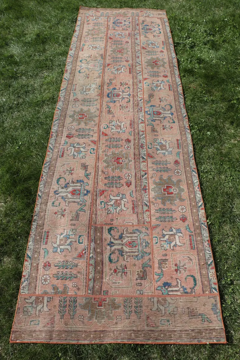 鮮やかなオレンジのラグ、2.9x9.9フィートのブルーボーダーデザイン