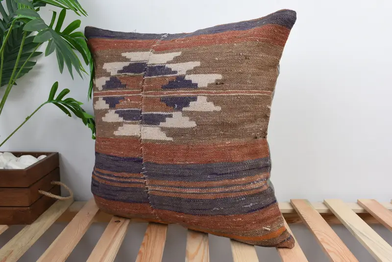 Decorative Throw Cushion Case, Cushion, 20x20 Brown Pillow, Sustainable Pillow, Kilim Pillow, Boho Pillow Sham Cover, Throw Kilim Pillow - 4