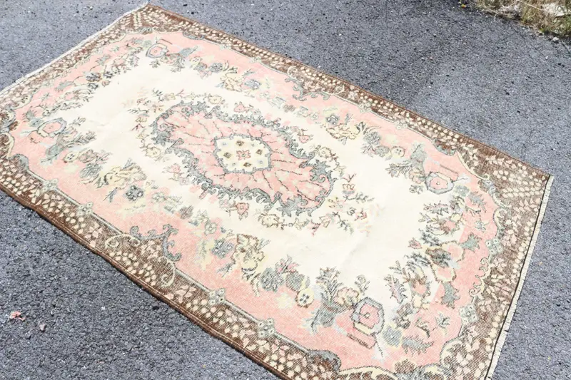 4x6.8 ft Halı, Türk Vintage Halısı, Kahverengi Pembe İkat Yün Halı - 1