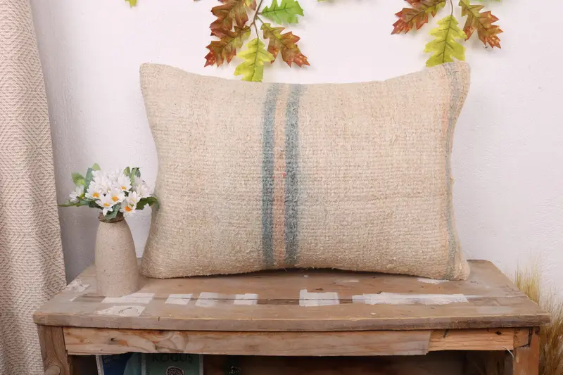 Muted Pillow Sham, Sofa Cushion Case, Vintage Pillow, Pillow Cover, Gift Pillow, 16x24 Beige Cushion, Handmade Kilim Cushion, Authentic Pillow - 1