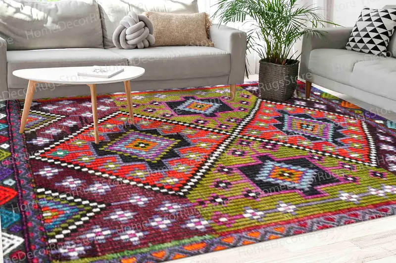 鮮やかな色のキリムデザインプリントラグ、ナバホ＆アステカパターン
