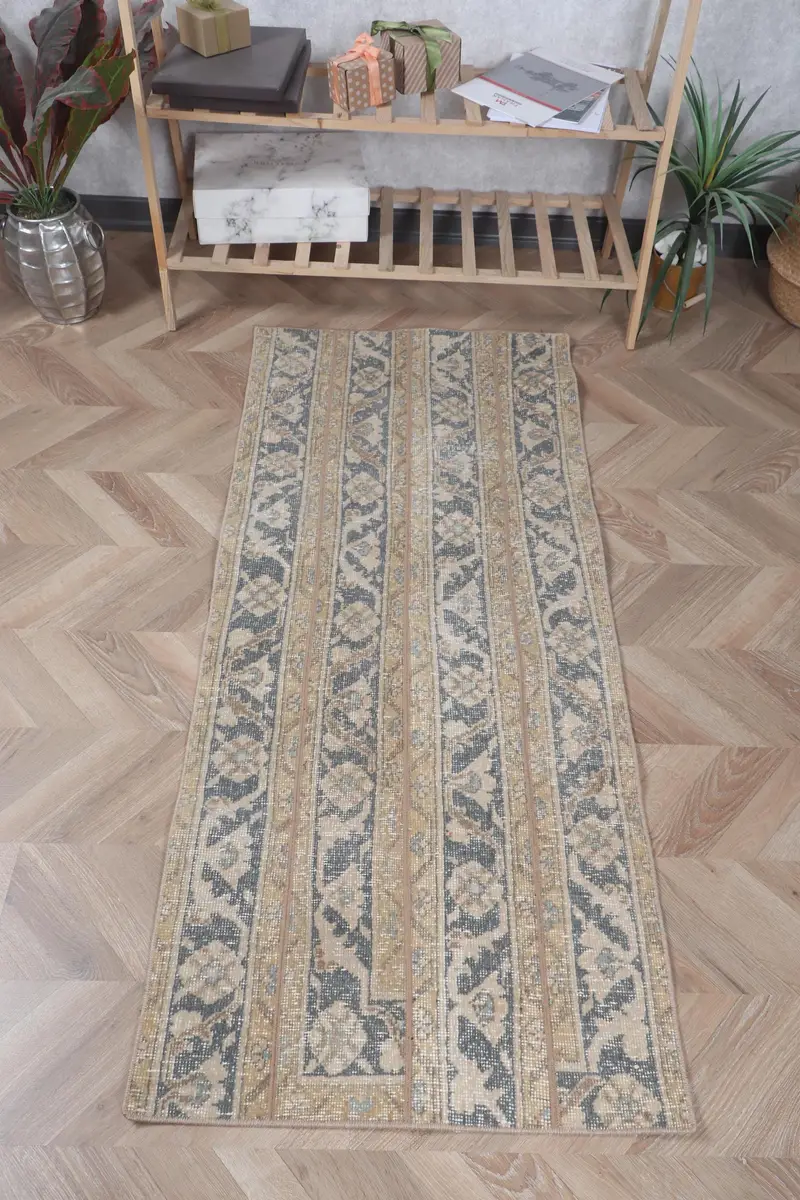 Blue Patchwork Rug, 2.3x5.2 ft with Yellow Accents