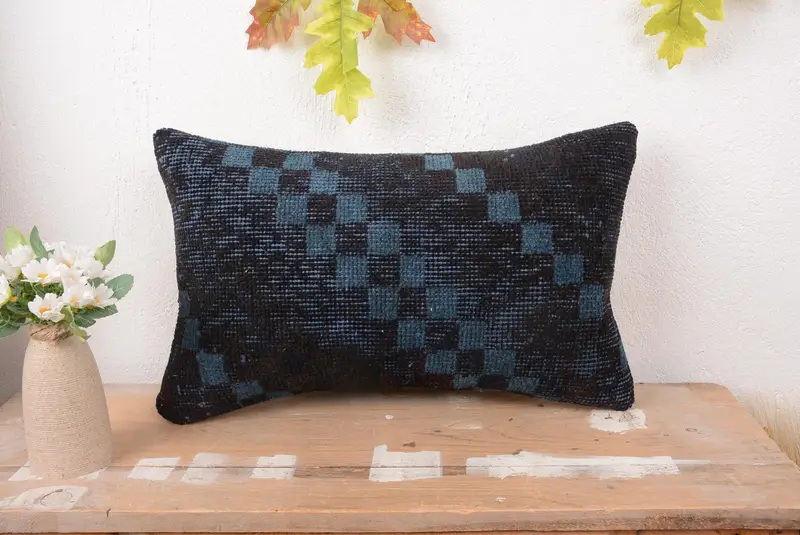 Blue Southwestern Embroidered Pillow, 12x20 Handmade Throw Pillow