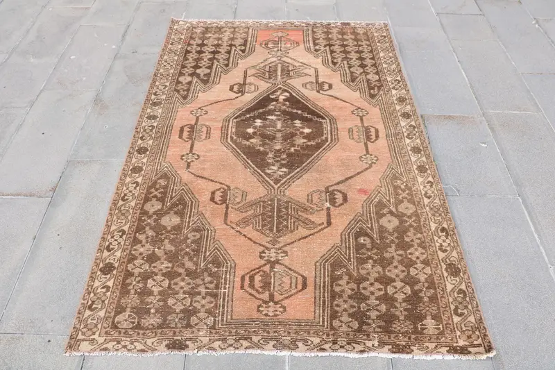 Turuncu ve Kahverengi Halı, 4,2x6,2 ft Geometrik Çiçek Desenli