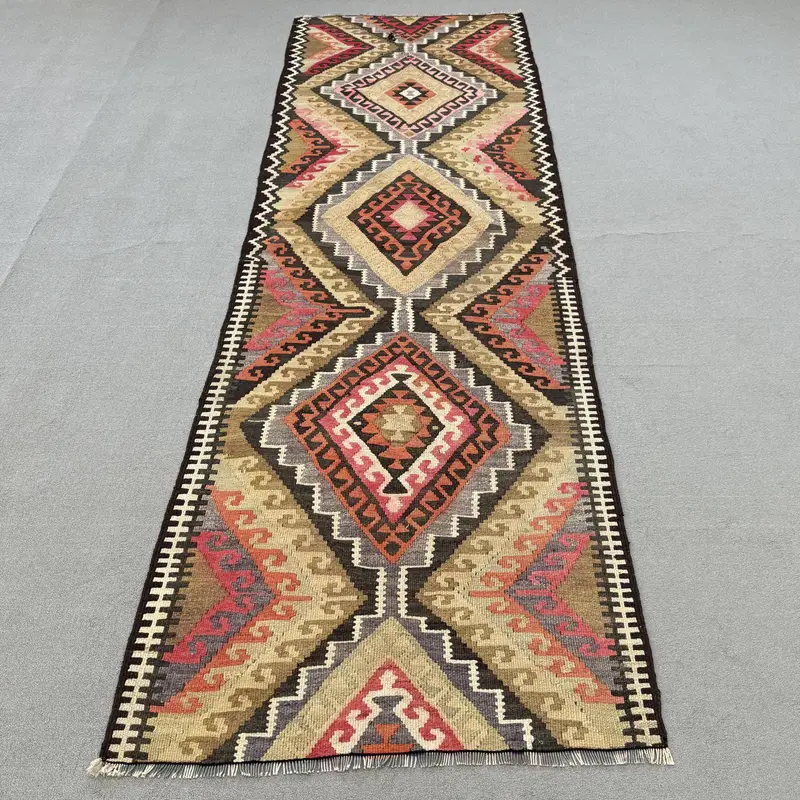 Alfombra de pasillo turca 3x10,3 pies, alfombra oriental de lana marrón rojo - 1