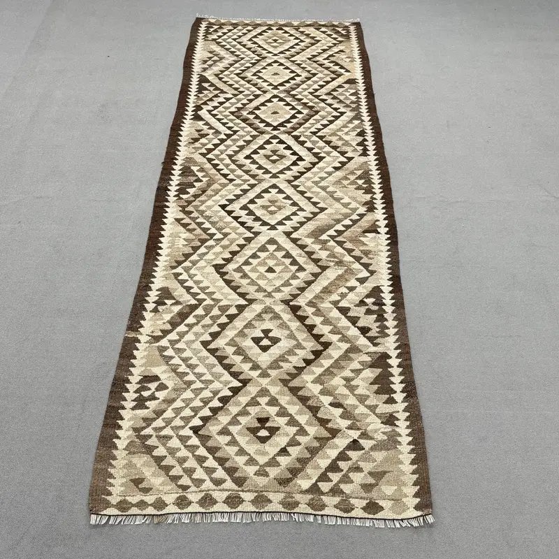 Vintage Turkish Rug 3.5x9.4 ft, Kilim Brown Solid Wool Rug - 1