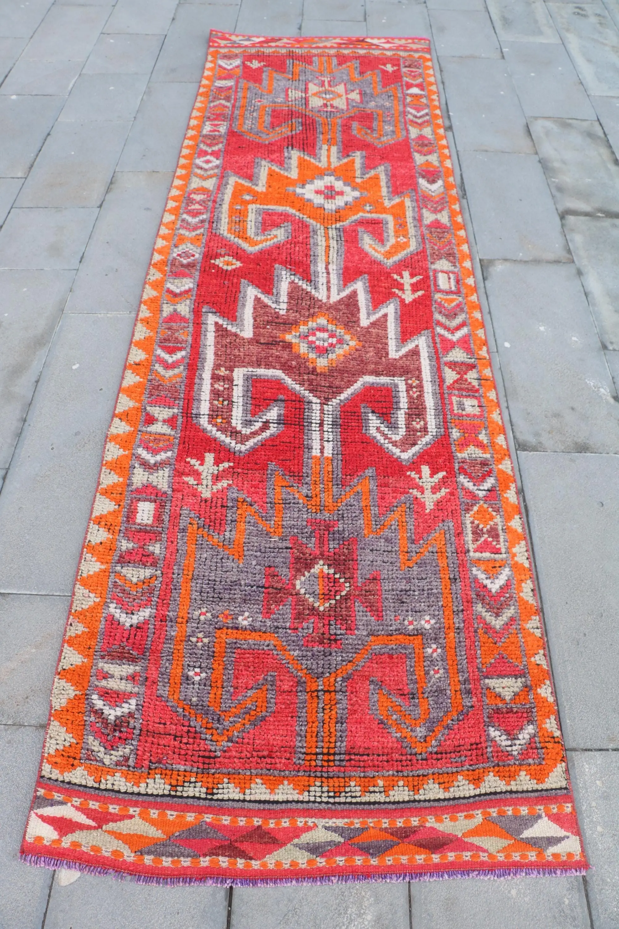 Turkish 3.2x10.9 ft Rug, Runner Vintage Rug, Red Animal Print Wool Rug - 1