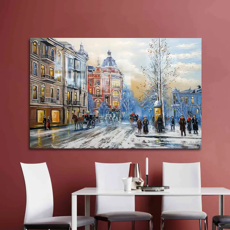 モダンなプリントガラス: 都市のエレガンスを表現する冬の風景