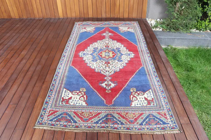 Canlı Turuncu ve Mavi Halı, 4,1x8,2 ​​ft Oryantal Tasarım