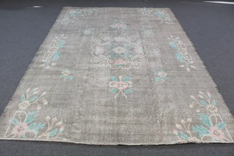 Gri Oryantal Halı, Yeşil Desenli 8,9x8,86 ft