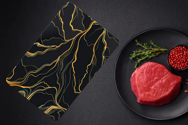 黒と金の大理石ガラスまな板、滑り止めの足付き