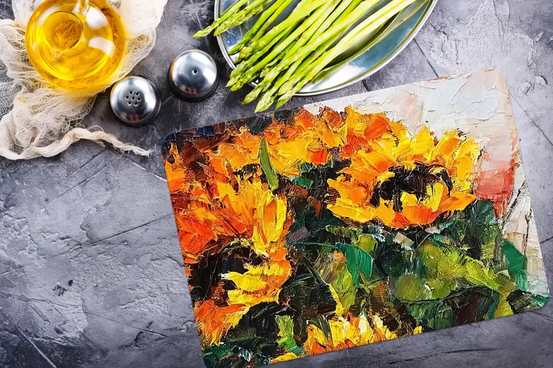 ひまわりの花束 ガラスカッティングボード、コンテンポラリーキッチンエッセンシャル