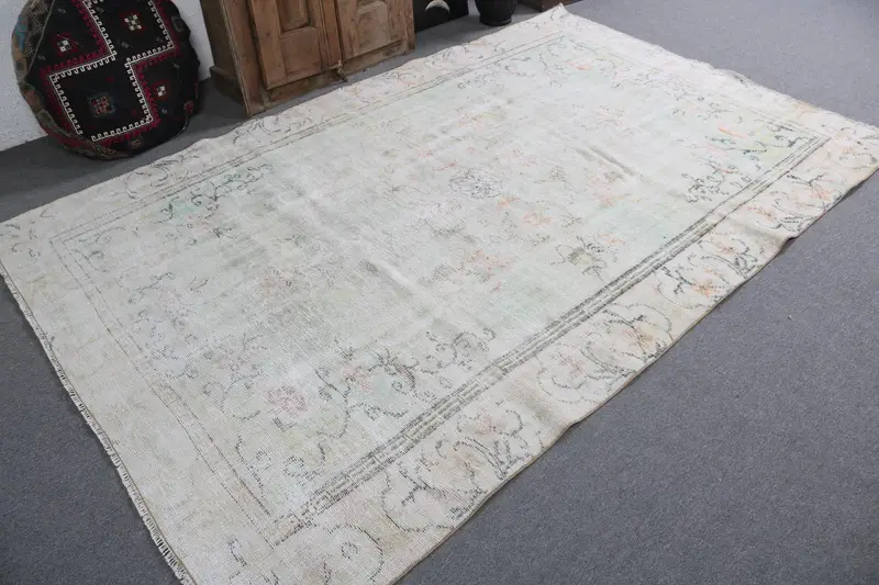 Türk Vintage Halısı, 6x8.8 ft Oushak Halısı, Beyaz Gri Fas Halısı - 1