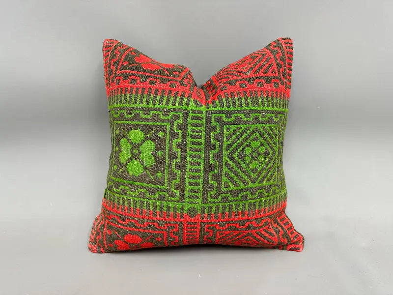 Indoor Cushion, Pillow Cover, Kilim Pillow Cover, Wholesale Cushion, Ethnical Kilim Rug Pillow, 18x18 Green Pillow, Interior Designer Pillow - 1