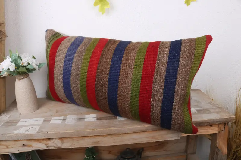 Yoga Cushion Cover, Pillow, Boho Chic Pillow Sham, Kilim Cushion Sham, 12x24 Red Cushion, Turkish Kilim Pillow, Boho Pillow - 4