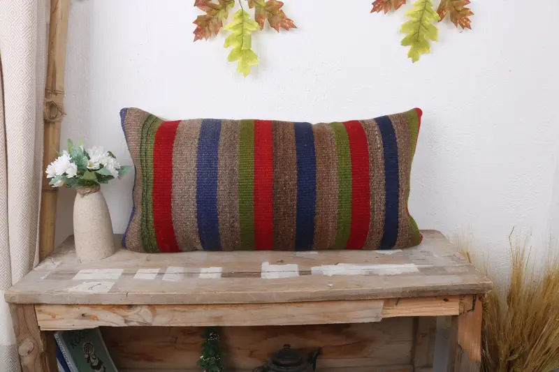 Yoga Cushion Cover, Pillow, Boho Chic Pillow Sham, Kilim Cushion Sham, 12x24 Red Cushion, Turkish Kilim Pillow, Boho Pillow - 1