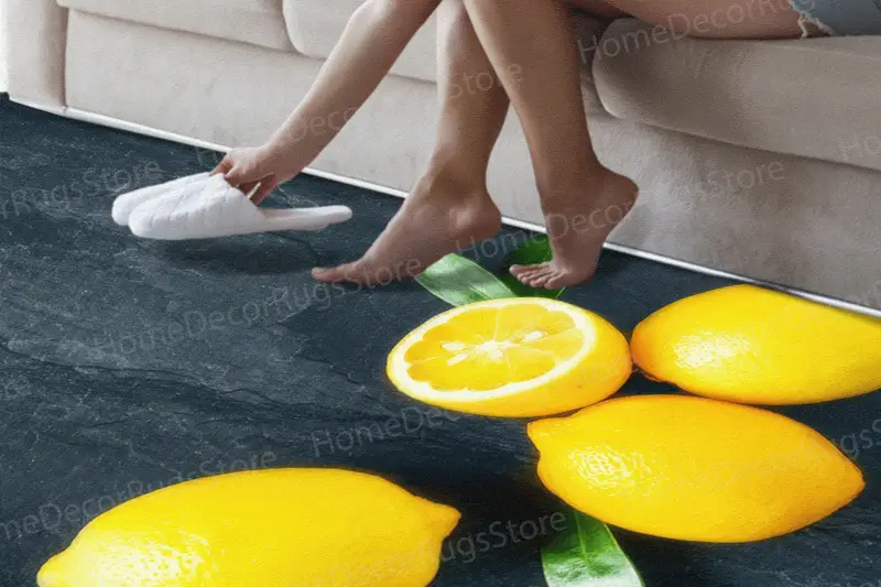 Trendy Yellow Lemon Printed Rug: Modern Kitchen Decor Essential