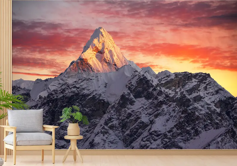 Modern Wall Paper,Sunset Mural,Snow Mountain Wall Painting,3d Wall Paper,Custom Wall Paper,Everest Wall Decor,Sunrise Wall Painting, - 1