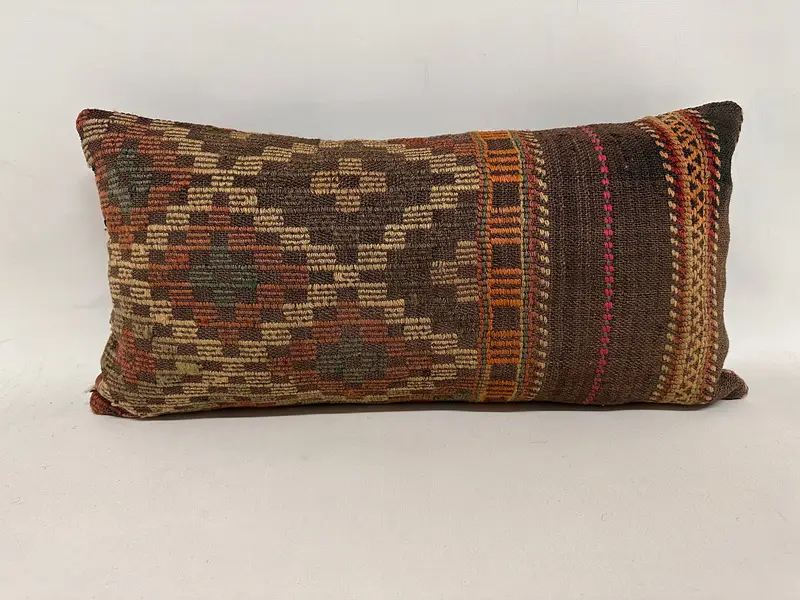 Colorful Cushion Cover, Pillow, Vintage Kilim Pillow, 12x24 Brown Cushion Cover, Indoor Cushion Case, Ethnical Kilim Rug Pillow, Kilim Pillow Cover - 1