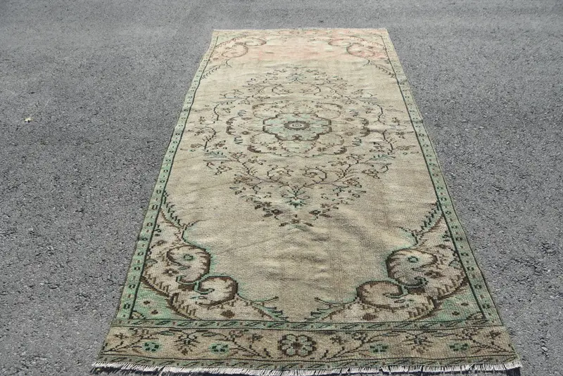 Türk Vintage Büyük Halı 4.5x9.3 ft, Yeşil Kahverengi Kamuflaj Halı - 1