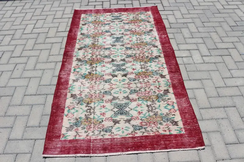 Vintage Turkish Rug 3.5x6.3 ft (108x192 cm), Oushak Red Wool Rug - 1