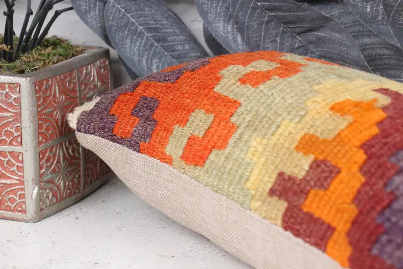 Cushion, Meditation Cushion, Kilim Cushion Sham, Sofa Pillow Cover, 8x16 Orange Pillow Cover, Handmade Kilim Cushion, Home Decor Pillow - 7