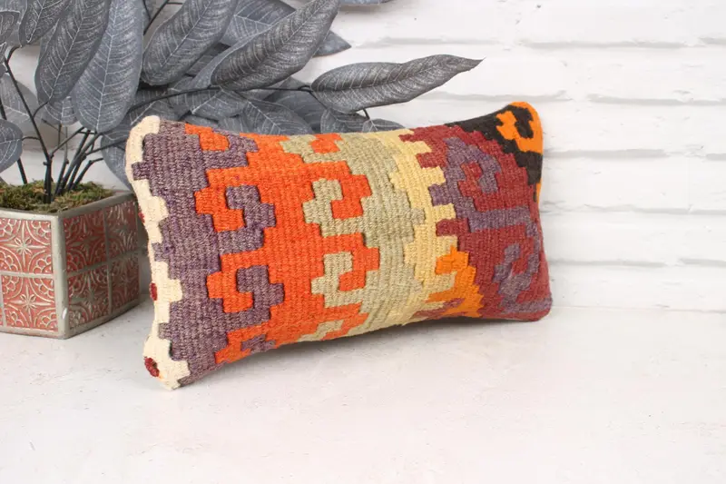Cushion, Meditation Cushion, Kilim Cushion Sham, Sofa Pillow Cover, 8x16 Orange Pillow Cover, Handmade Kilim Cushion, Home Decor Pillow - 3