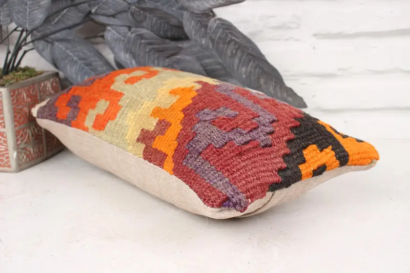 Cushion, Meditation Cushion, Kilim Cushion Sham, Sofa Pillow Cover, 8x16 Orange Pillow Cover, Handmade Kilim Cushion, Home Decor Pillow - 6