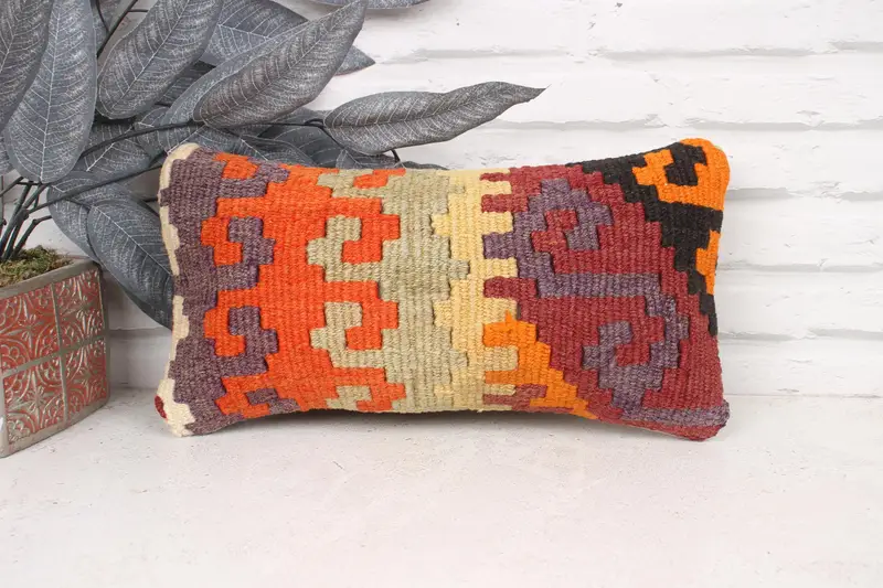Cushion, Meditation Cushion, Kilim Cushion Sham, Sofa Pillow Cover, 8x16 Orange Pillow Cover, Handmade Kilim Cushion, Home Decor Pillow - 1