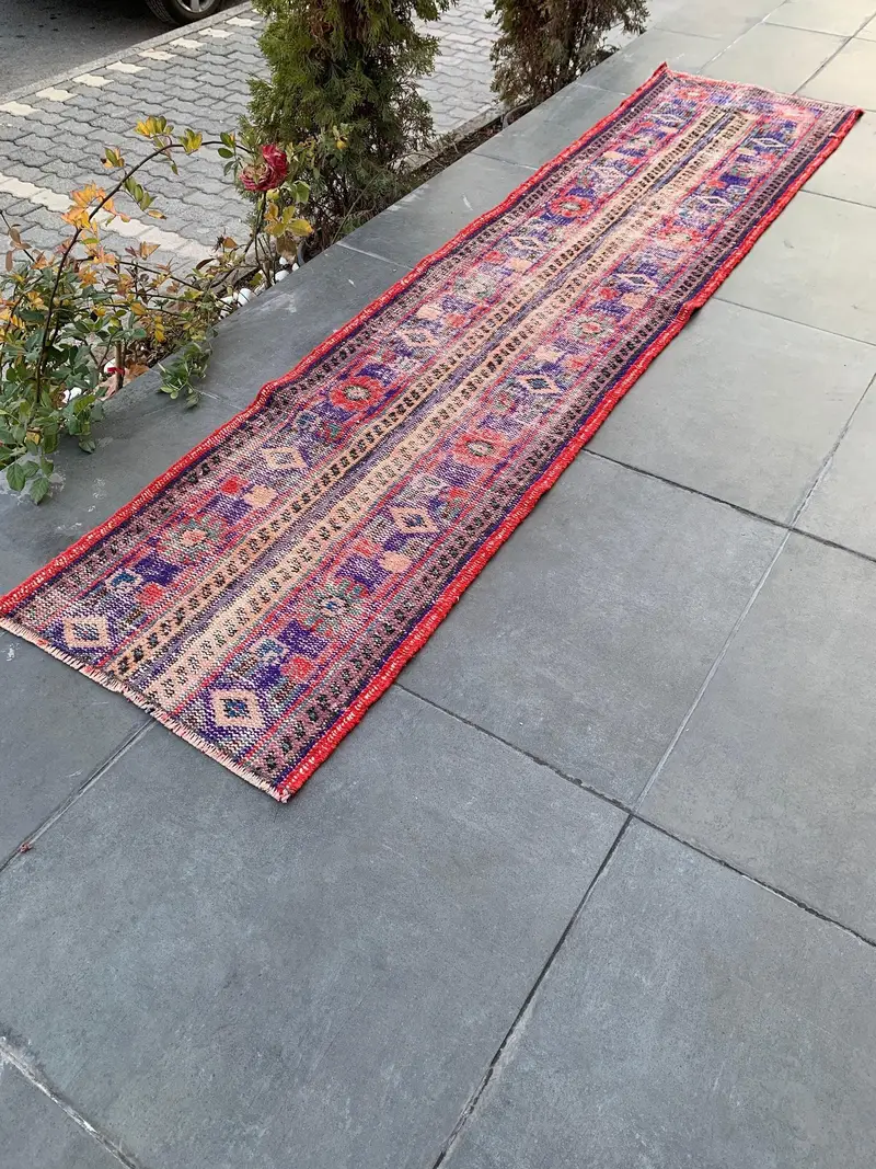 Turkish 1.9x8.6 ft Rug, Runner Vintage Rug, Red Polka dot Wool Rug - 1