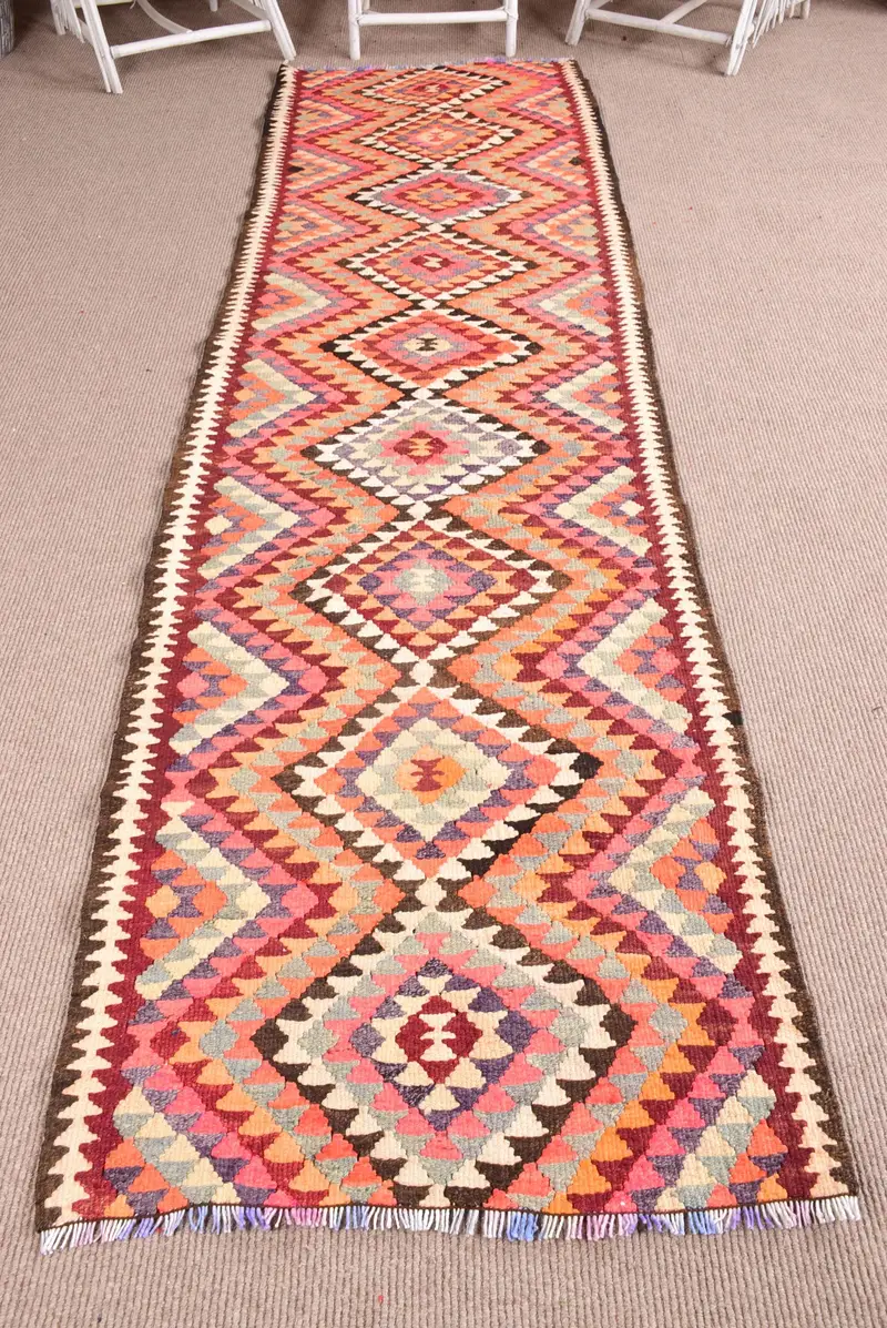 2.9x11.2 ft Türk Halısı, Vintage Runner Halısı, Kırmızı Turuncu Paisley Halısı - 1