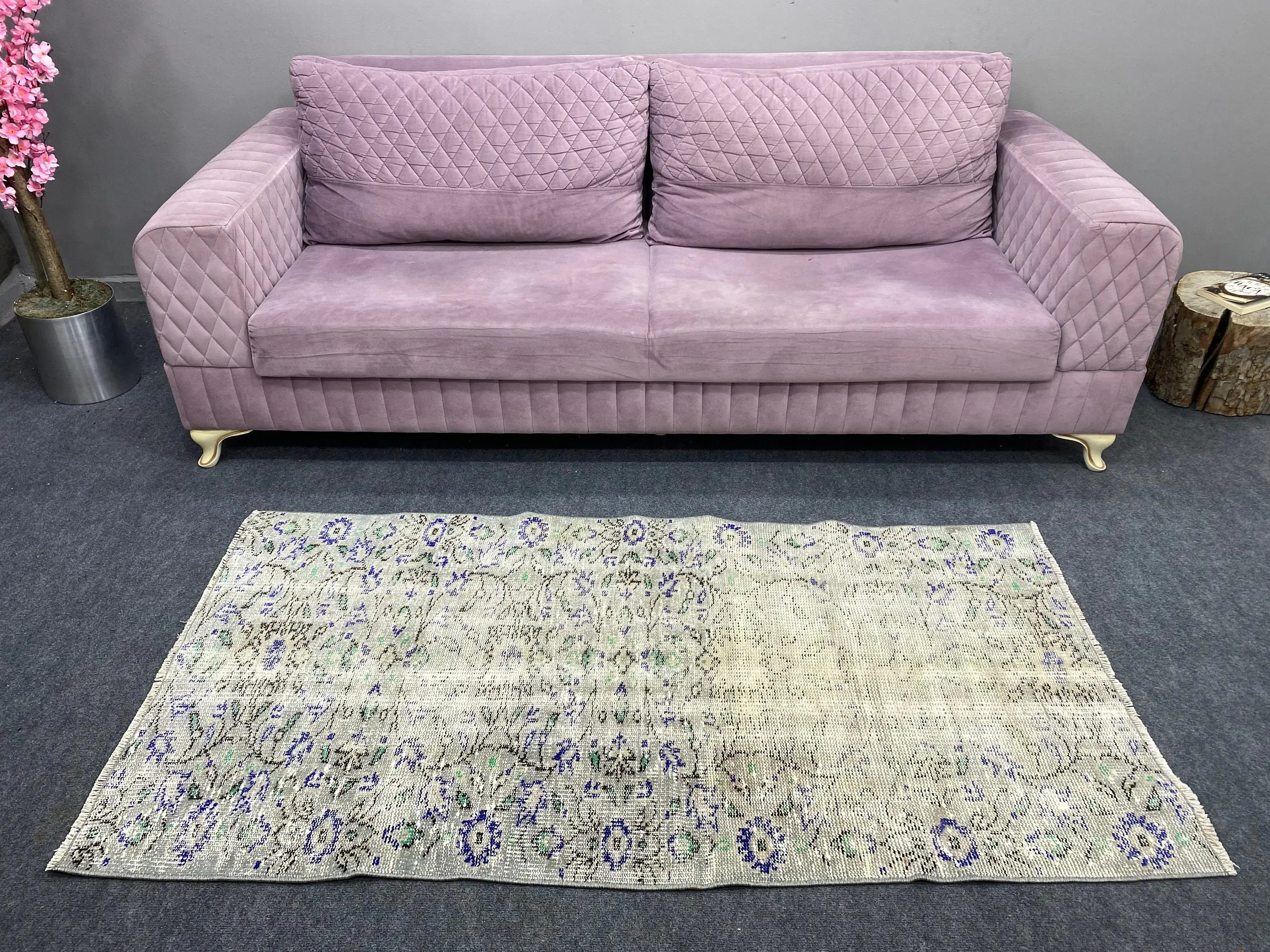 Türk Vintage Halı, 3x5.8 ft Accent Halı, Mavi Çiçekli Halı - 1
