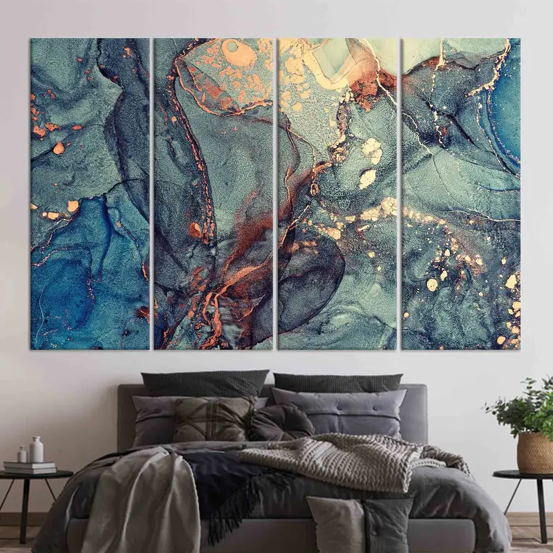 高級大理石プリントキャンバス: エレガントグリーン、ブルー、ブラウン、ゴールドシマー