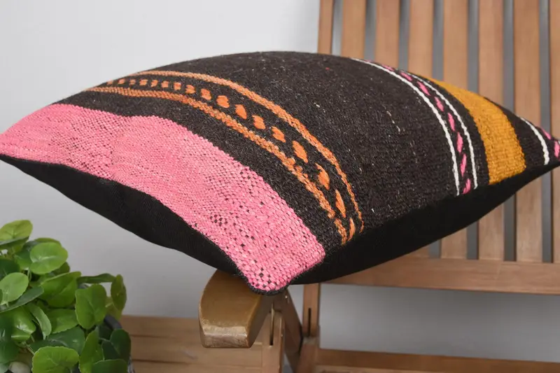 Turkish Corner Pillow Sham, Vintage Kilim Throw Pillow, Pillow Cover, Ethnical Kilim Rug Pillow, 20x20 Pink Pillow Case, Indoor Cushion, Boho Pillow - 6