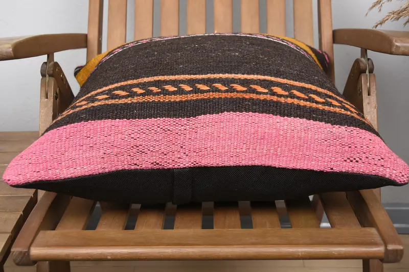 Turkish Corner Pillow Sham, Vintage Kilim Throw Pillow, Pillow Cover, Ethnical Kilim Rug Pillow, 20x20 Pink Pillow Case, Indoor Cushion, Boho Pillow - 5
