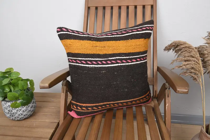 Turkish Corner Pillow Sham, Vintage Kilim Throw Pillow, Pillow Cover, Ethnical Kilim Rug Pillow, 20x20 Pink Pillow Case, Indoor Cushion, Boho Pillow - 1