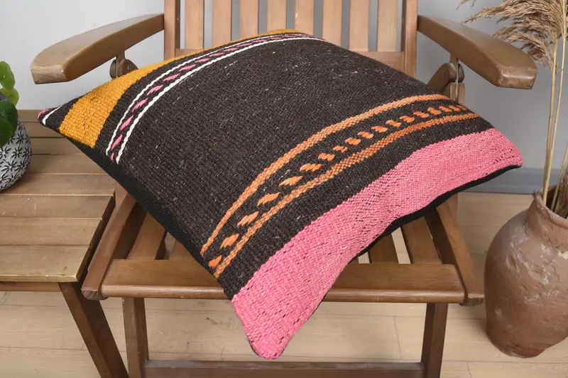 Turkish Corner Pillow Sham, Vintage Kilim Throw Pillow, Pillow Cover, Ethnical Kilim Rug Pillow, 20x20 Pink Pillow Case, Indoor Cushion, Boho Pillow - 4