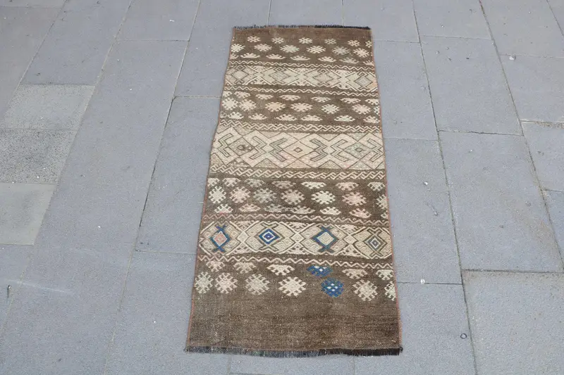 Vintage Turkish Rug, 1.7x4 ft Kilim Rug, Brown Polka dot Wool Rug - 1