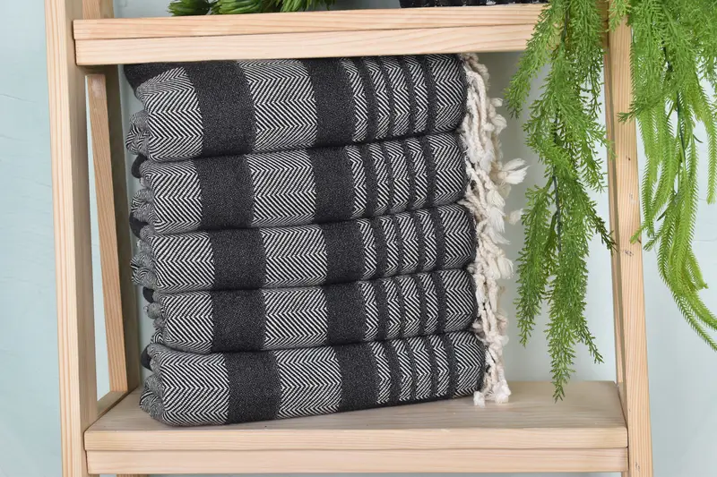 Chevron Towel Black Cotton, 38x67 Inches, Organic Cotton/Linen, Personalized