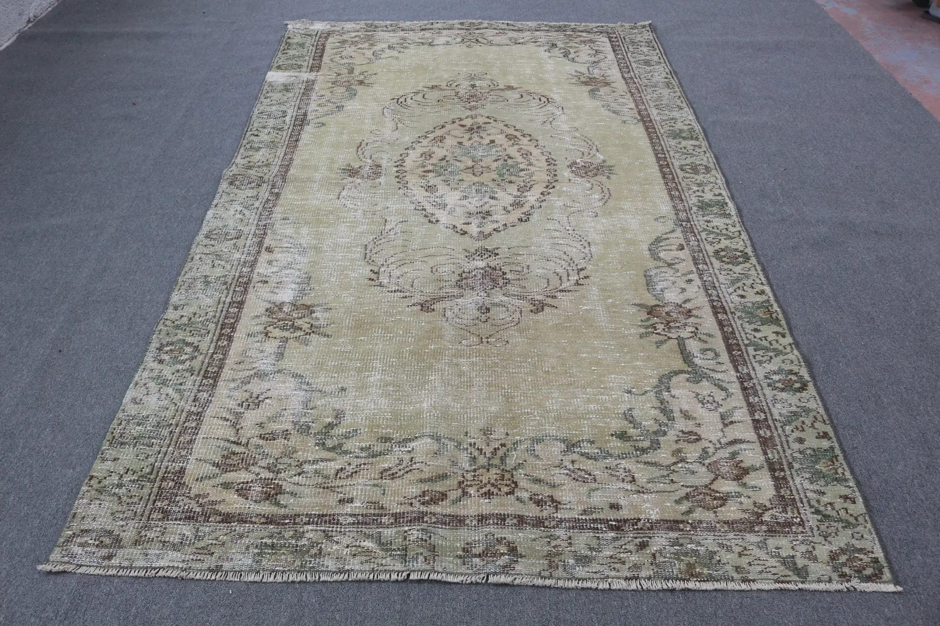 Vintage Rug, 5.7x9.4 ft Turkish Rug, Green Brown Oriental Wool Rug - 1