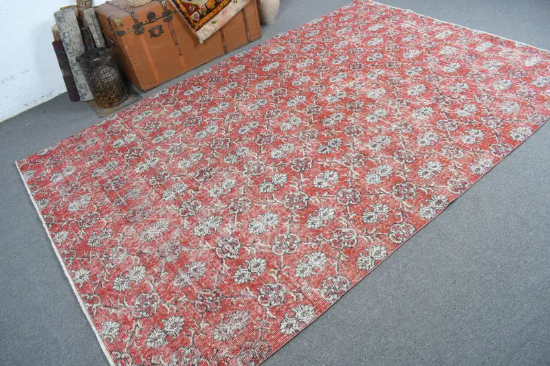 Vintage Turkish Rug 6.2x9.1 ft (188x278 cm), Oushak Red White Rug - 1