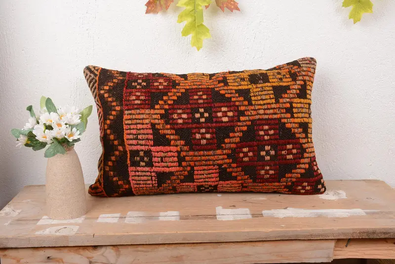 Orange & rotes Southwestern Wurfkissen, handgemachtes Vintage Rechteckkissen