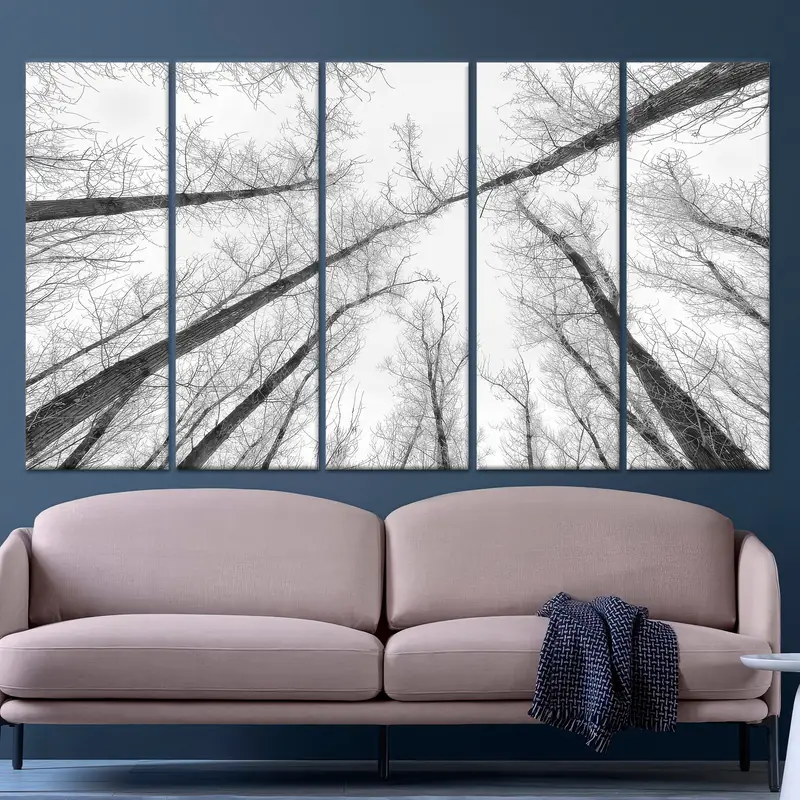 Arte moderno en lienzo impreso con paisaje de árboles en blanco y negro